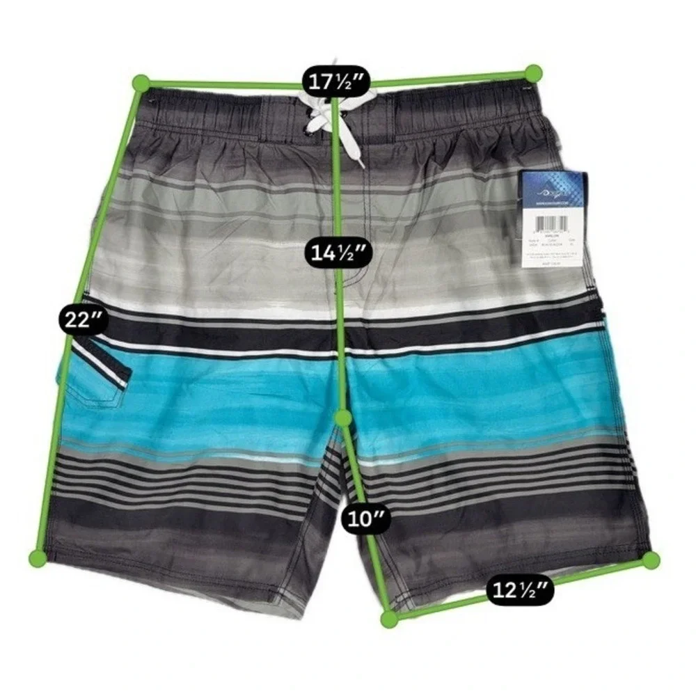 Kanu Surf Avalon Men's Swim Trunks Black Aqua Stripe XL NWT UPF 50+